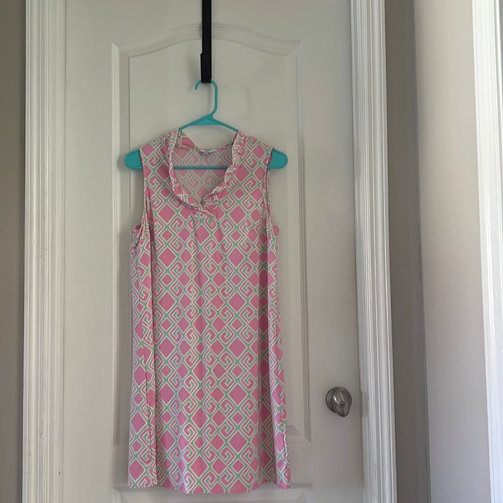 Casual and beach dress , size petite large, pink and green patterned dress.